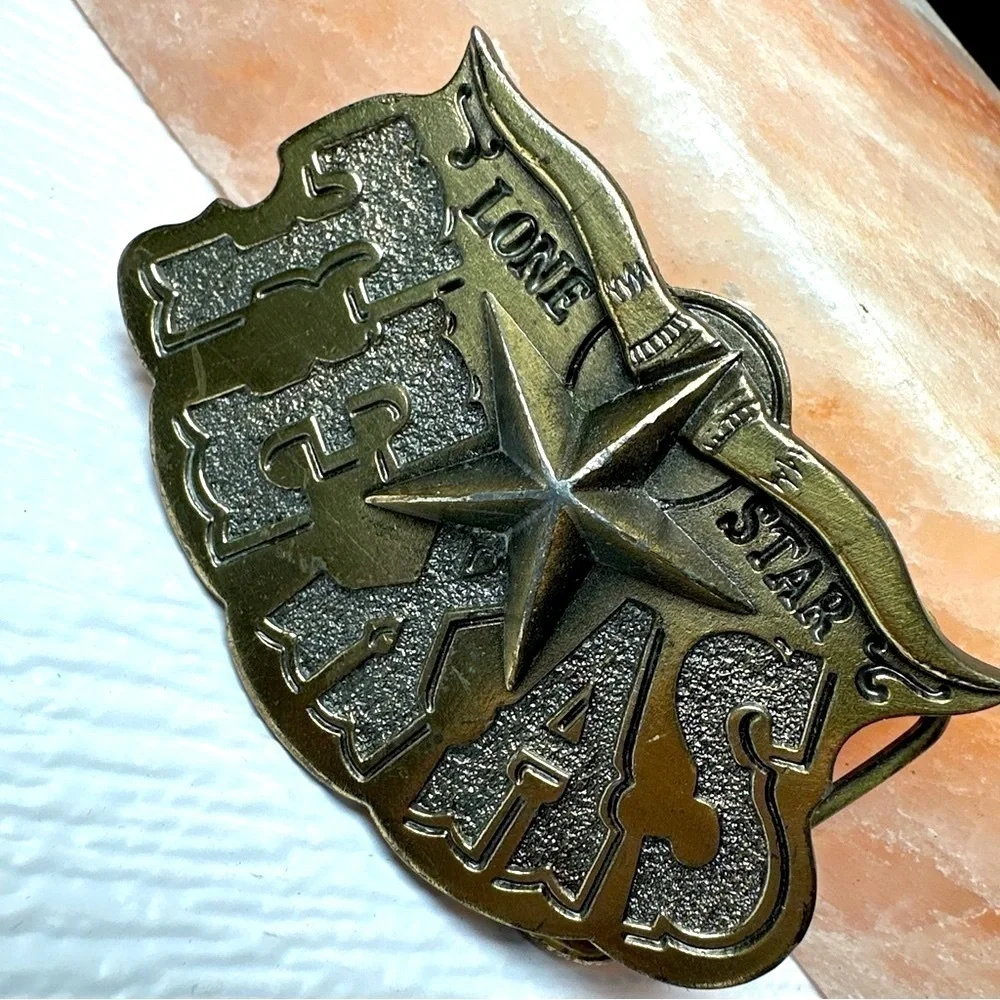 TEXAS LONE STAR Belt Buckle USA Made Texan Longhorn Rancher Biker 1980 Big D VTG